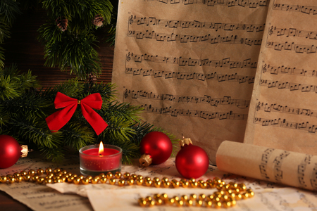 Music notes with Christmas decoration close upの写真素材
