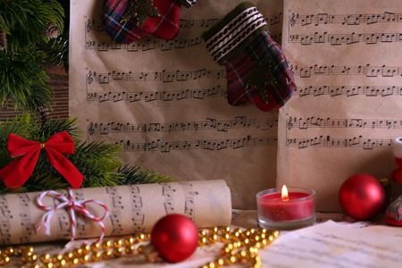 Music notes with Christmas decoration close upの写真素材