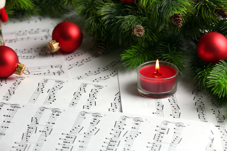 Music notes with Christmas decoration close upの写真素材