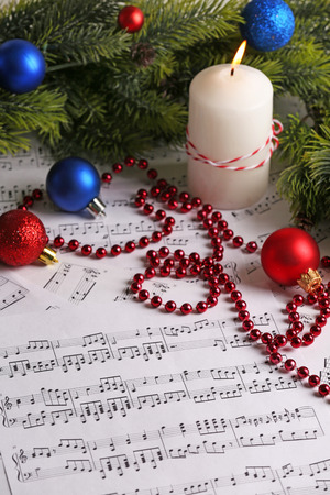 Music notes with Christmas decoration close upの写真素材
