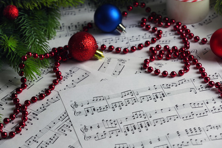 Music notes with Christmas decoration close upの写真素材