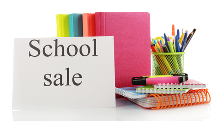 School supplies for sale, isolated on whiteの写真素材