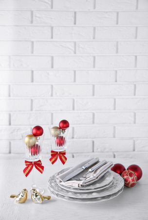 Decorated Christmas table setting. Christmas menu conceptの写真素材