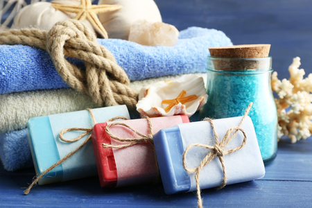 Spa treatments on blue background. Sea spa conceptの写真素材