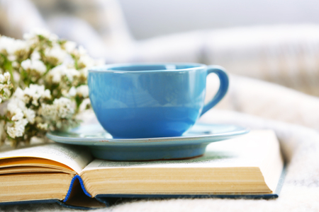 Blue cup of coffee with open book on sofa in roomの写真素材