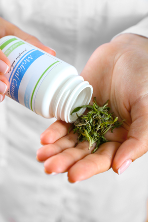 Doctor holding bottle of medical cannabis and dry herbs close upの写真素材