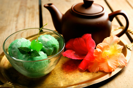 Homemade Green tea ice-cream on dark wooden backgroundの写真素材