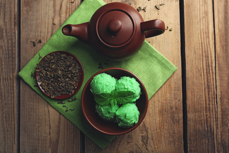 Homemade Green tea ice-cream on dark wooden backgroundの写真素材