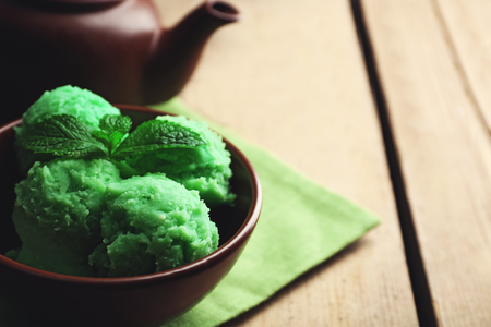 Homemade Green tea ice-cream on dark wooden backgroundの写真素材