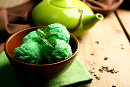 Homemade green tea ice-cream on wooden backgroundの写真素材