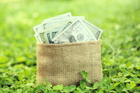 Lot of one hundred dollar bills in bag on grass backgroundの写真素材