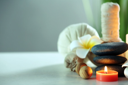 Beautiful spa composition on wooden tableの写真素材
