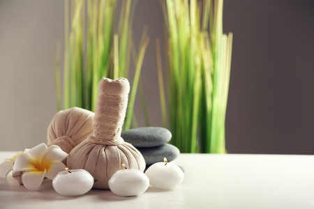 Beautiful spa composition on wooden tableの写真素材