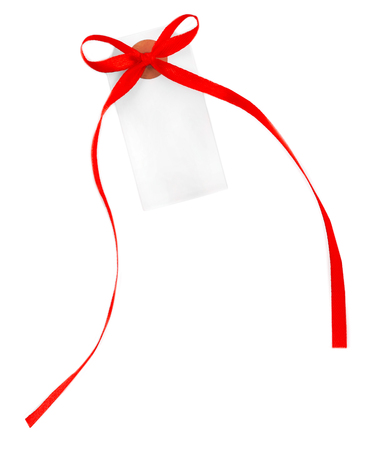 Blank gift tag with bow isolated on whiteの写真素材