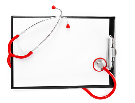 Medical stethoscope with clipboard isolated on whiteの写真素材
