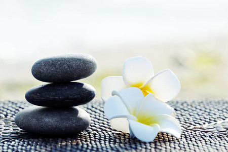 Spa stones with flowers outdoorsの写真素材