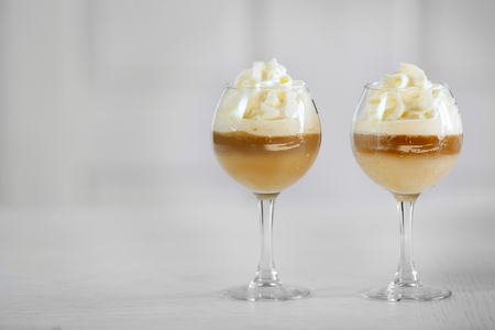 Wine glass with jelly on light backgroundの写真素材