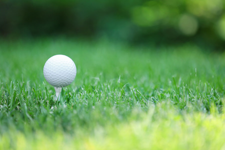 White golf ball on green grass backgroundの写真素材