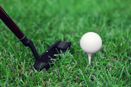 Golf balls and driver on green grass  backgroundの写真素材