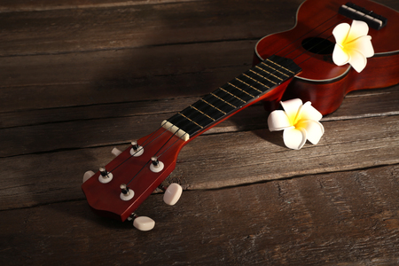 Part of Hawaiian acoustic guitar and flowers on dark wooden backgroundの写真素材