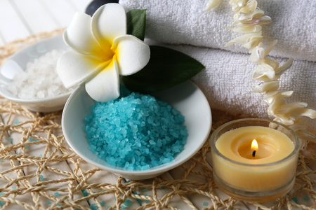 Decorated spa composition on wicker servietteの写真素材