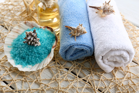 Marine style spa composition on wicker backgroundの写真素材