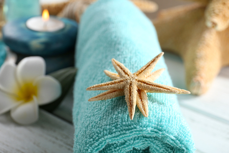 Decorated spa set on wooden backgroundの写真素材