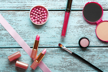 Different cosmetics on wooden backgroundの写真素材