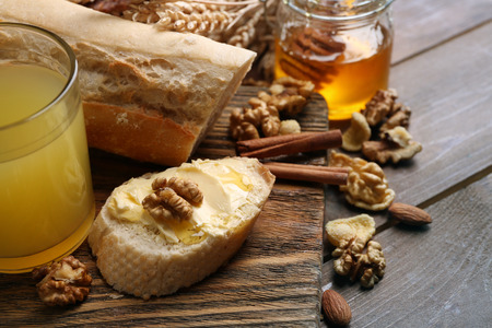 Healthy breakfast with bread, honey, nuts. Country breakfast conceptの写真素材