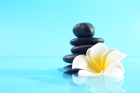 Plumeria and pebbles on water against blue backgroundの写真素材