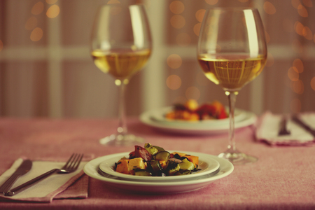 Served table in the restaurantの写真素材