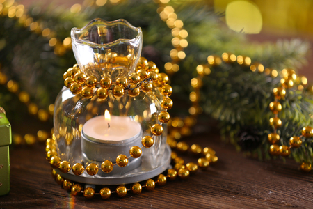 Champagne and Christmas decoration on bright backgroundの写真素材