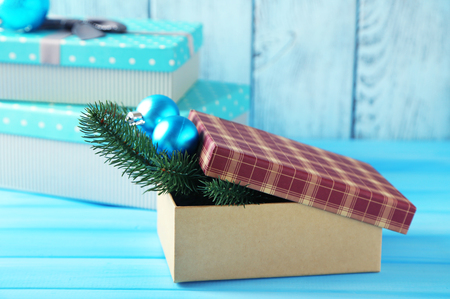 Gift boxes on wooden backgroundの写真素材