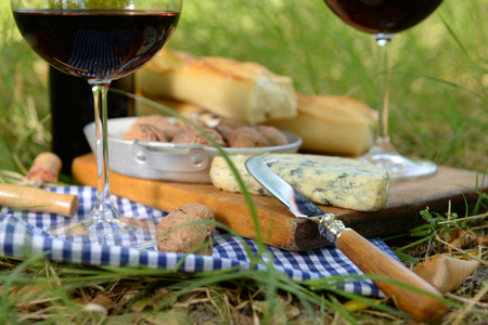 Picnic concept - Wine, delicious cheese, walnuts and baguette on wooden board, close upの写真素材
