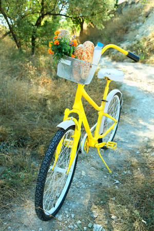 Beautiful yellow bicycle with bouquet of flowers, milk bottle and bread in basket, outdoorsの写真素材