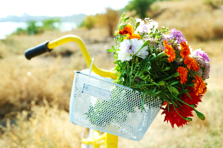 Beautiful yellow bicycle with bouquet of flowers in basket, outdoorsの写真素材