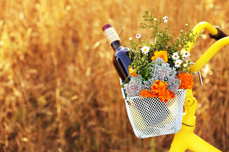 Bicycle with flowers and bottle of wine in metal basket closeup, outdoorsの写真素材