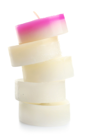 Pink and white small candles, isolated on whiteの写真素材