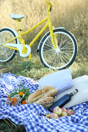 Old yellow bicycle and picnic snack on checkered blanket on grass in parkの写真素材