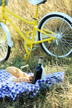 Old yellow bicycle and picnic snack on checkered blanket on grass in parkの写真素材