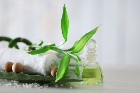 Beautiful composition of spa treatment on wooden tableの写真素材