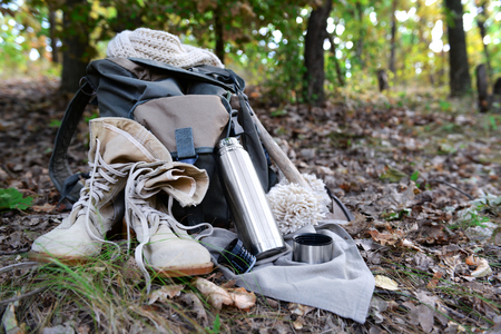 Tourist equipment in the forestの写真素材