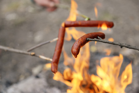 Sausages on fire in the woodの写真素材