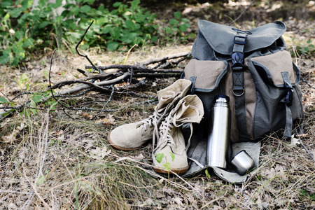 Tourist equipment in the forestの写真素材