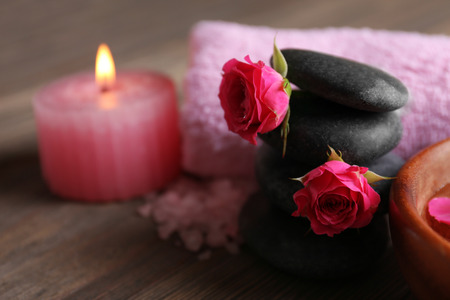 Spa composition of salt, stones and flowers, close-upの写真素材