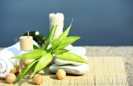 Beautiful composition of spa treatment on sea backgroundの写真素材