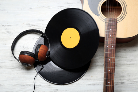 Close up view on musical equipment against grey wooden backgroundの写真素材