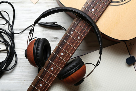 Musical equipment on grey wooden backgroundの写真素材