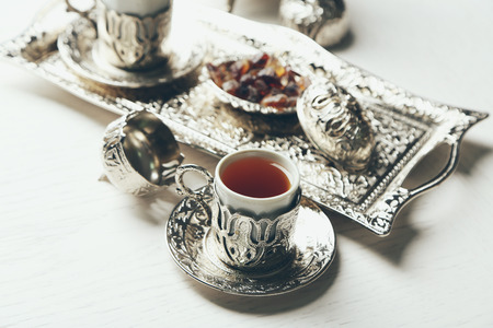 Antique tea-set on table close-upの写真素材