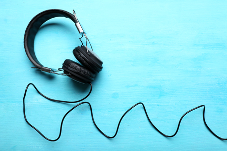 Headphones on blue backgroundの写真素材